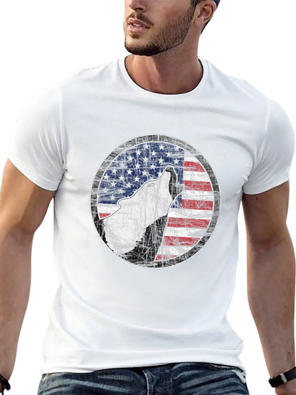 Camiseta Negra con Diseño de Lobo y Bandera Americana