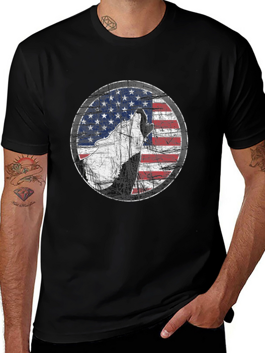 Camiseta Negra con Diseño de Lobo y Bandera Americana