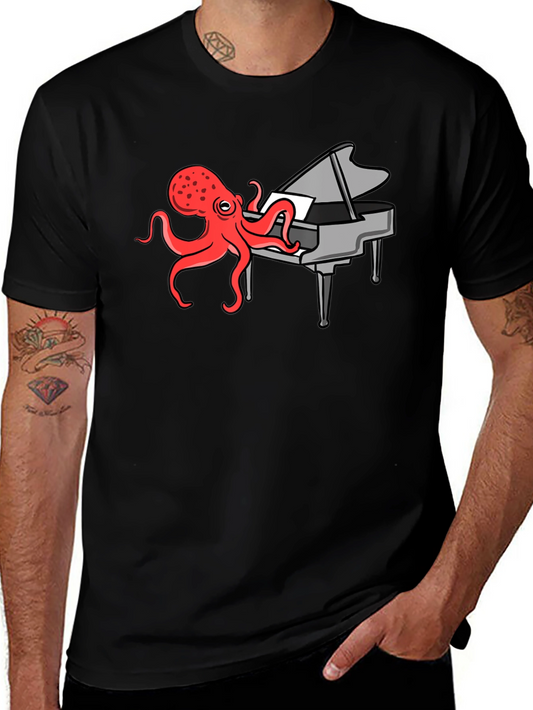 Camiseta Negra Hombre - Pulpo Pianista Divertido