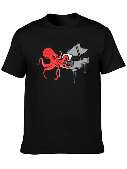 Camiseta Negra Hombre - Pulpo Pianista Divertido