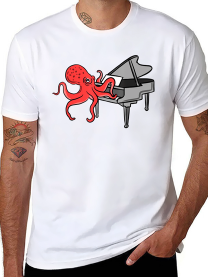 Camiseta Negra Hombre - Pulpo Pianista Divertido