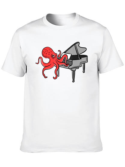 Camiseta Negra Hombre - Pulpo Pianista Divertido
