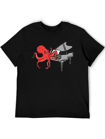 Camiseta Negra Hombre - Pulpo Pianista Divertido