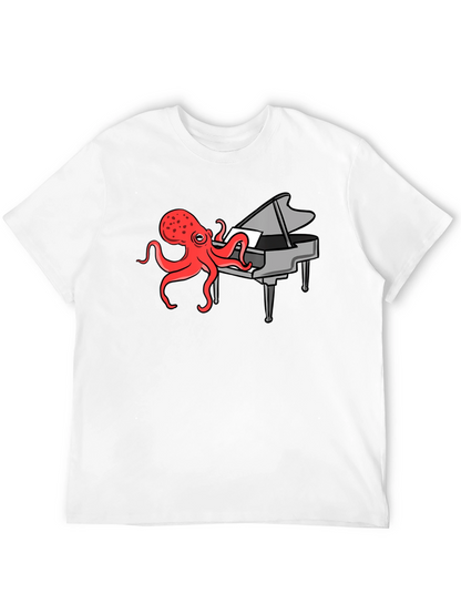 Camiseta Negra Hombre - Pulpo Pianista Divertido