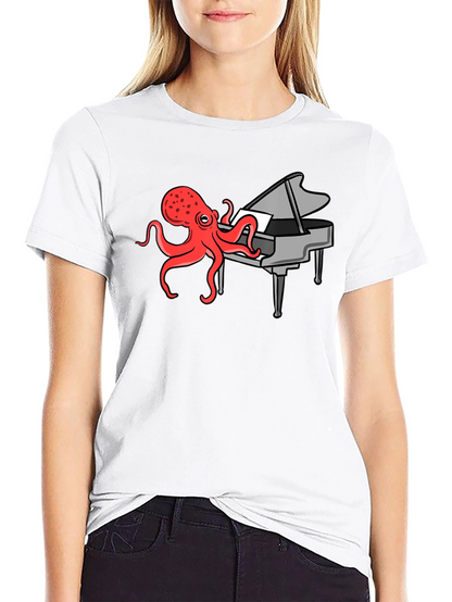 Camiseta Negra Hombre - Pulpo Pianista Divertido
