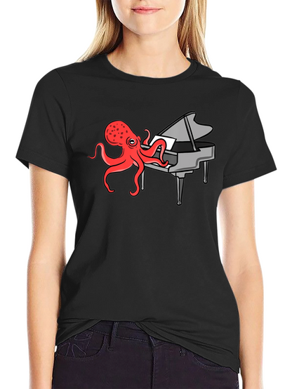 Camiseta Negra Hombre - Pulpo Pianista Divertido