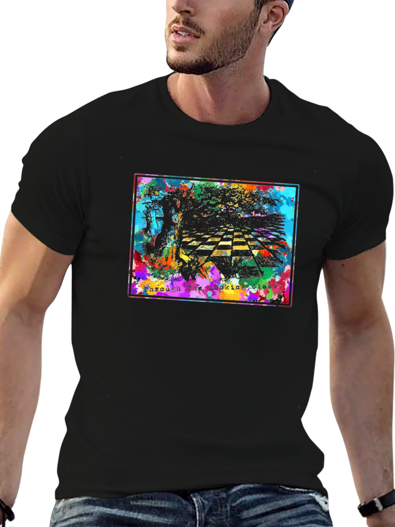 Camiseta Negra Gráfica: A Través del Espejo