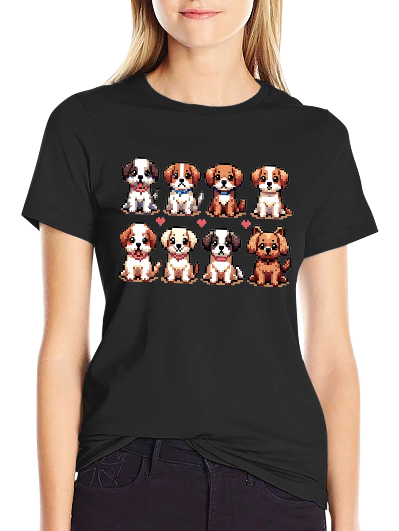 Camiseta Negra con Adorables Cachorros Pixelados
