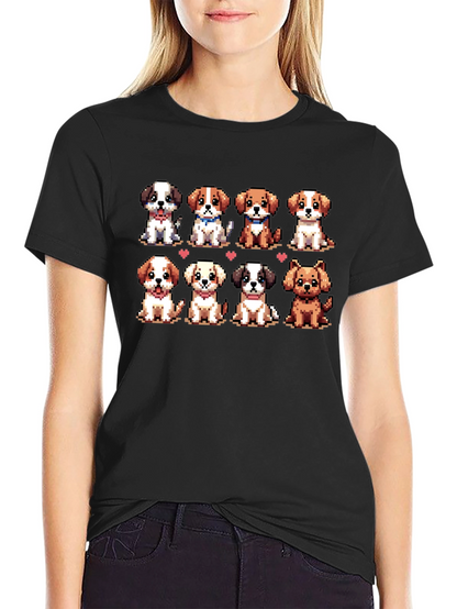 Camiseta Negra con Adorables Cachorros Pixelados