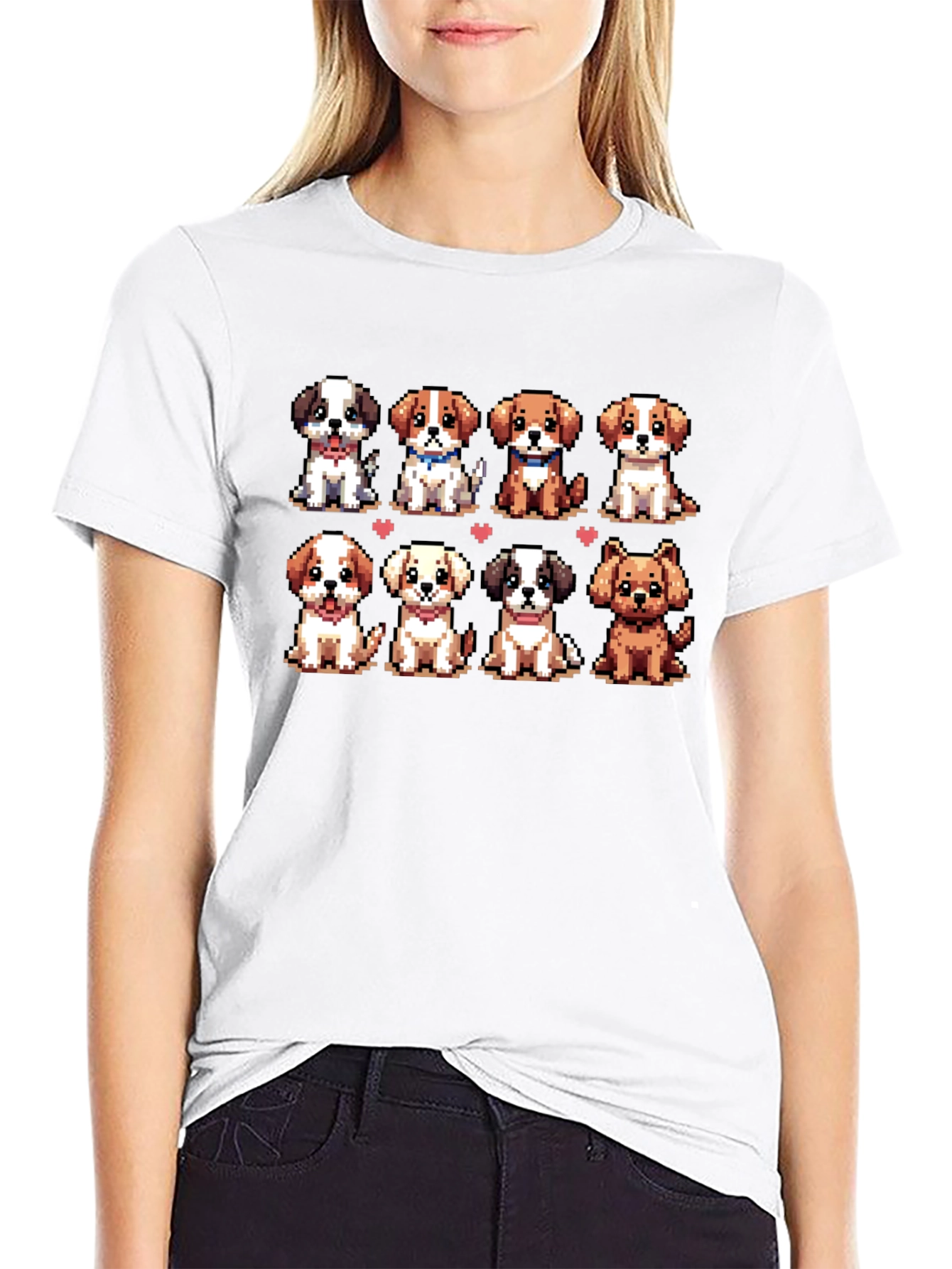 Camiseta Negra con Adorables Cachorros Pixelados