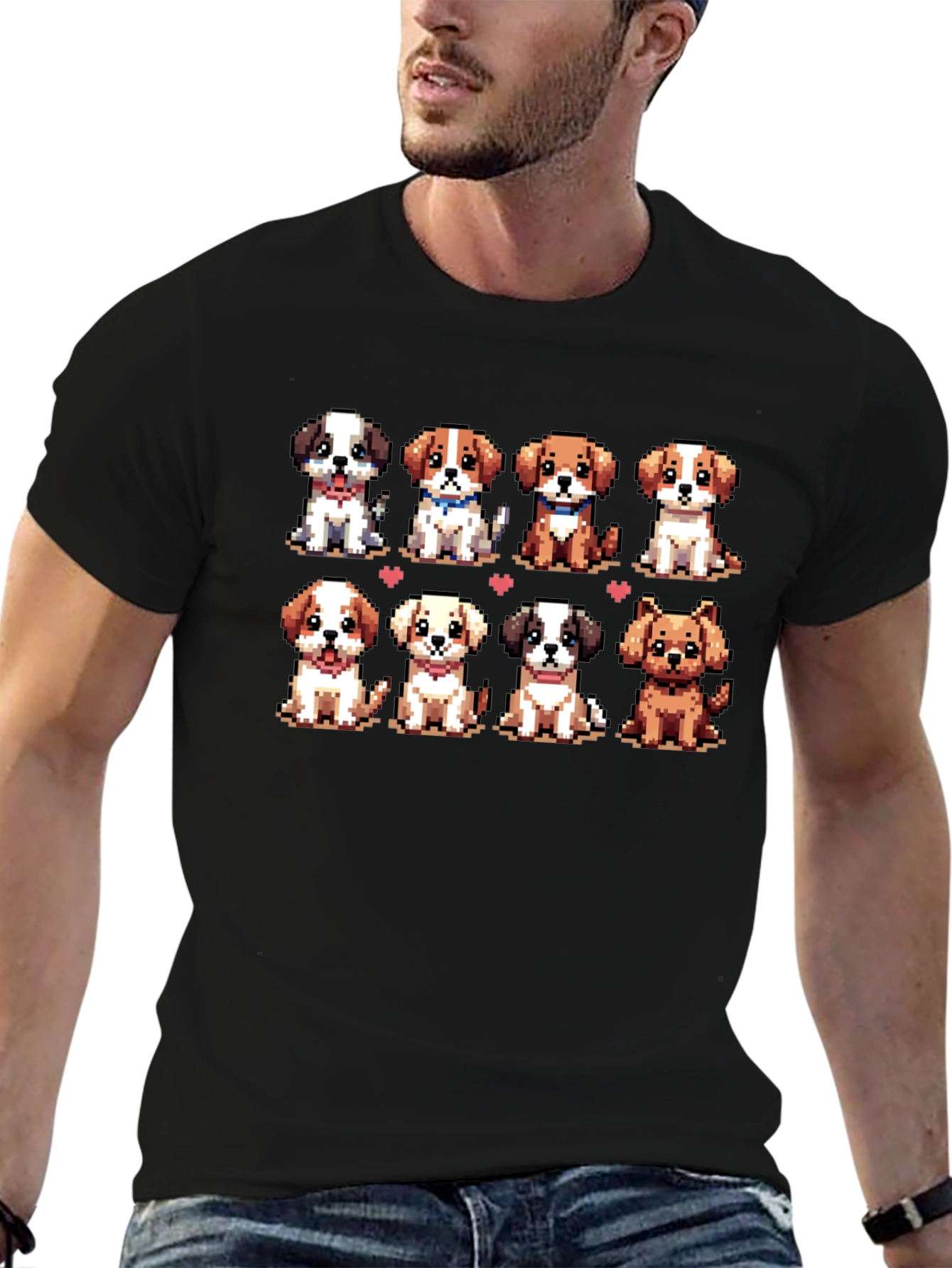 Camiseta Negra con Adorables Cachorros Pixelados