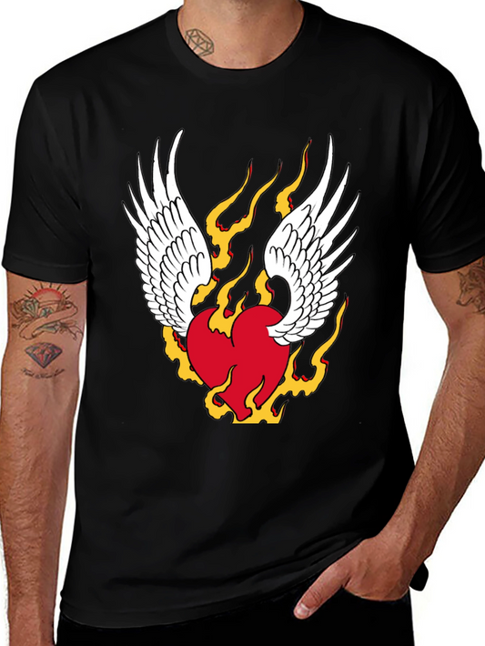Camiseta Negra con Diseño de Corazón Alado en Llamas