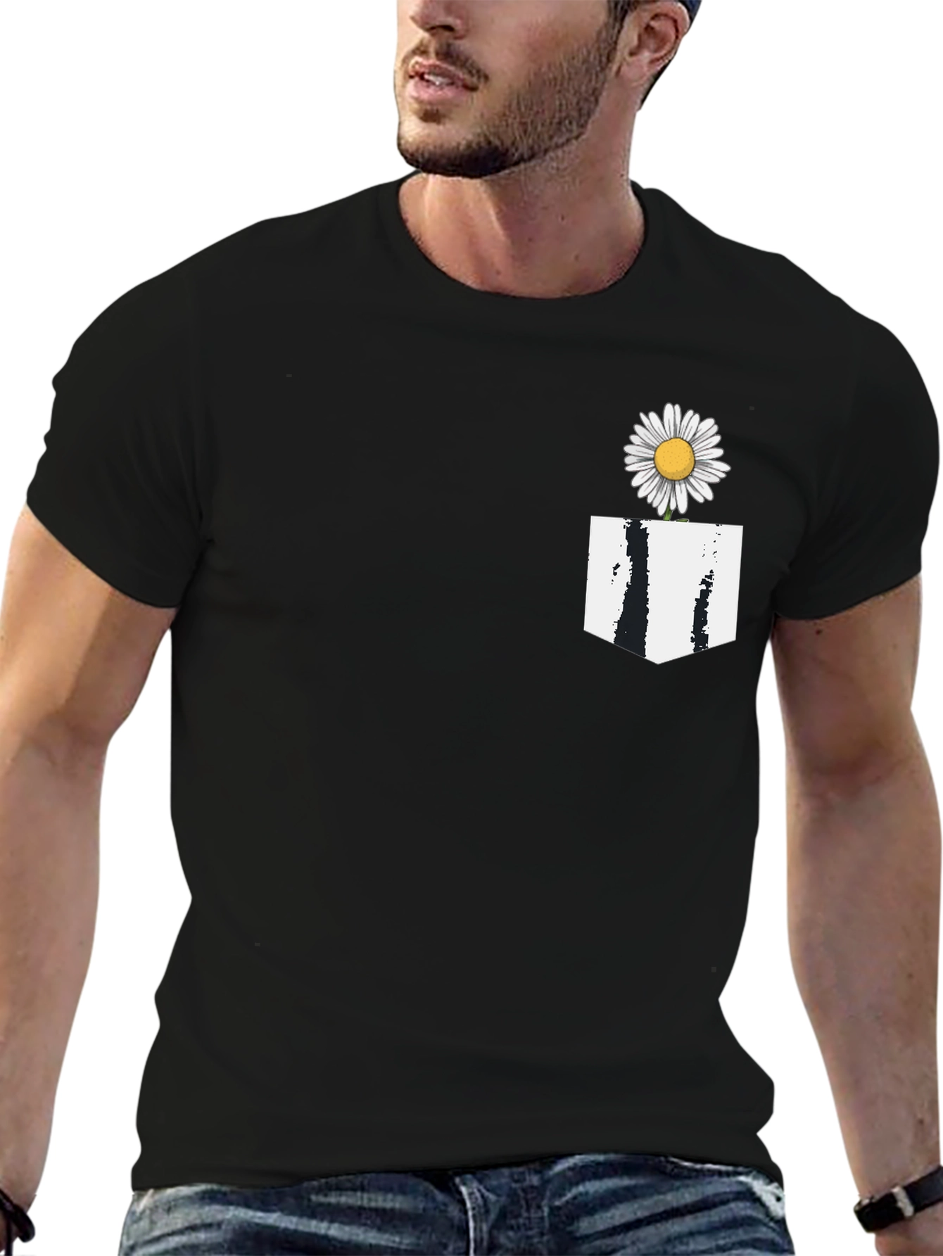 Camiseta Negra con Bolsillo Floral