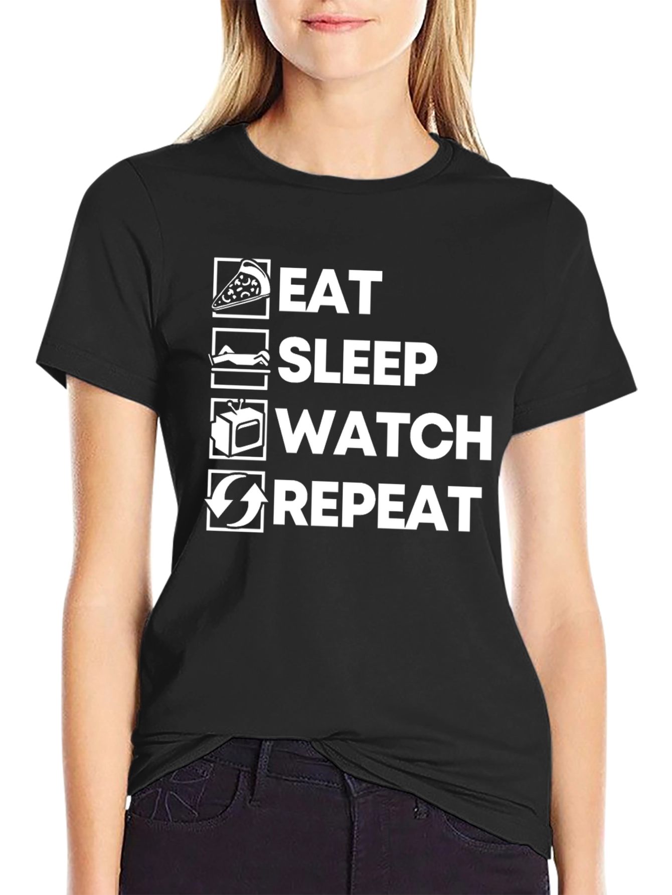 Camiseta Negra: Comer Dormir Ver Repetir