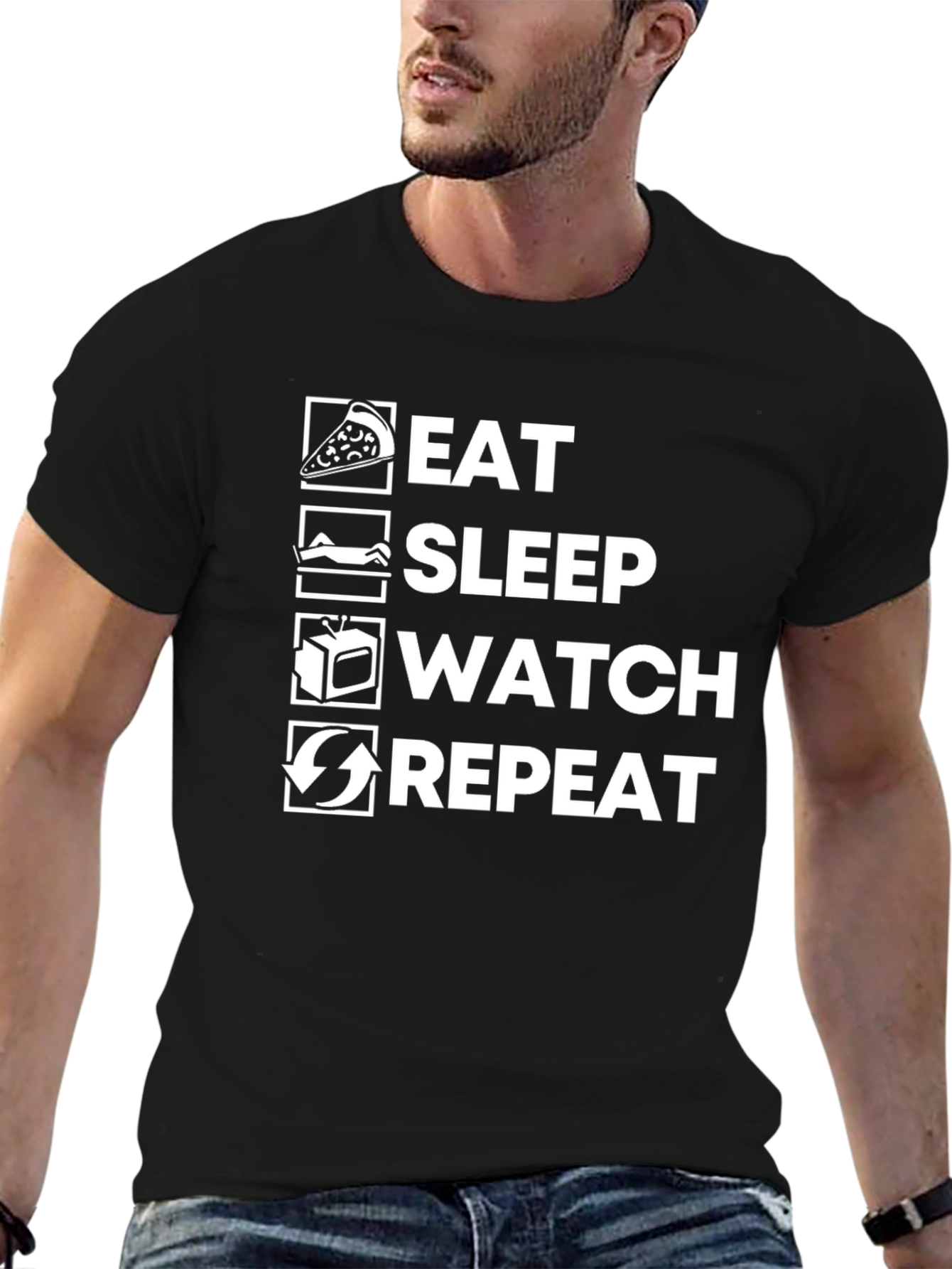 Camiseta Negra: Comer Dormir Ver Repetir