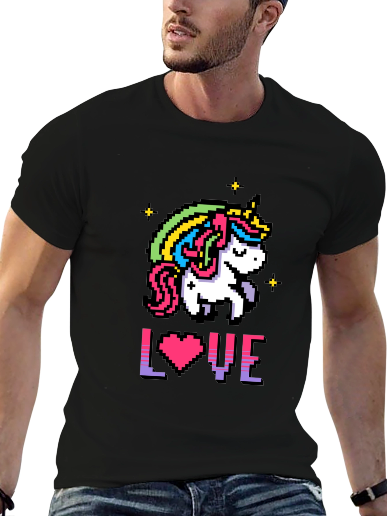 Camiseta Negra Unicornio Pixelado Amor