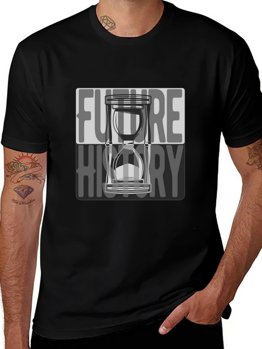 Camiseta Negra con Diseño de Reloj de Arena Futuro Historia