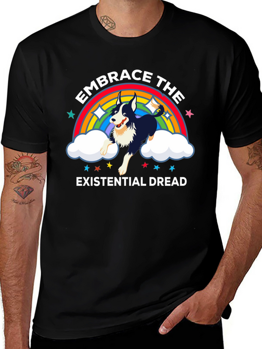 Camiseta Negra Abraza el Miedo Existencial con Perro y Arcoíris