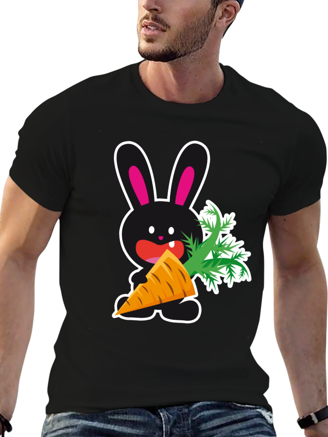 Camiseta Negra con Conejo y Zanahoria Divertida