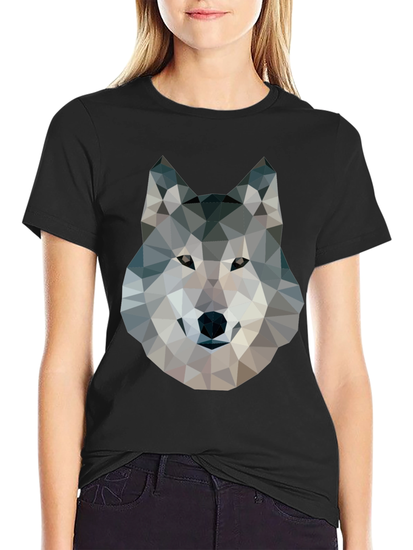 Camiseta Negra con Diseño de Lobo Geométrico