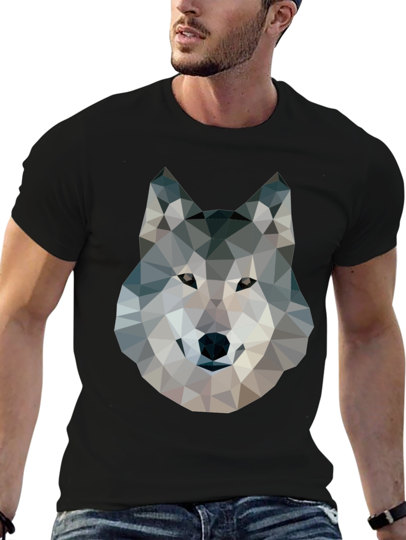 Camiseta Negra con Diseño de Lobo Geométrico