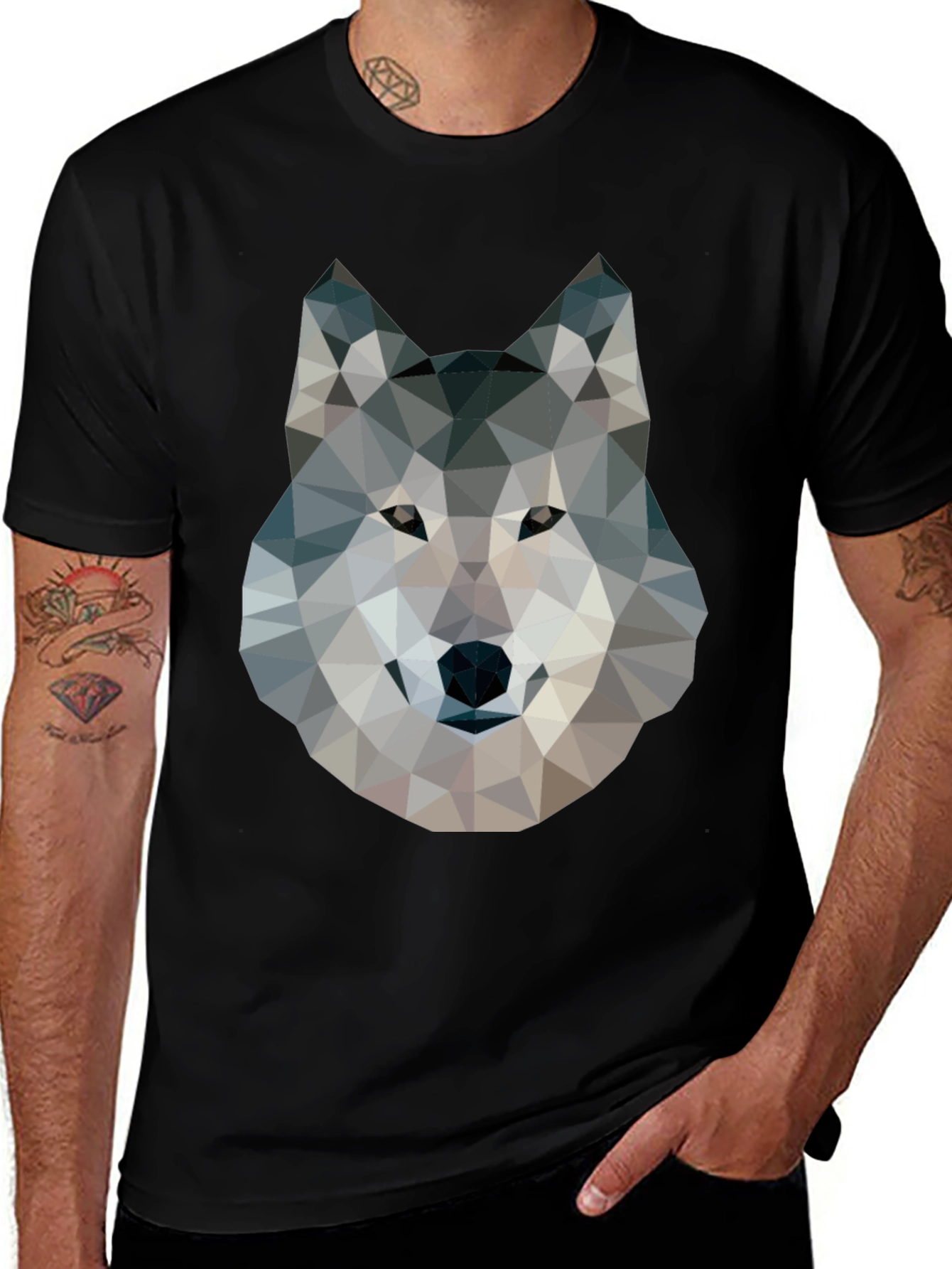 Camiseta Negra con Diseño de Lobo Geométrico