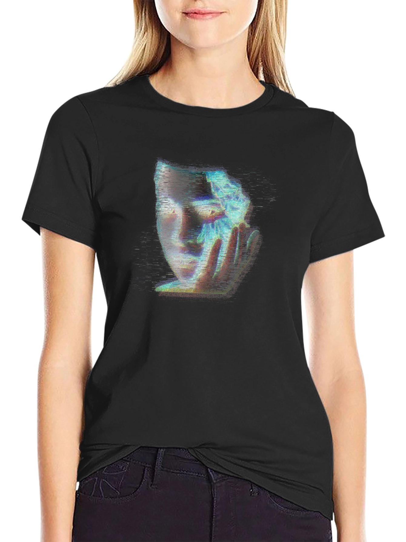 Camiseta Negra con Diseño Abstracto de Rostro Femenino