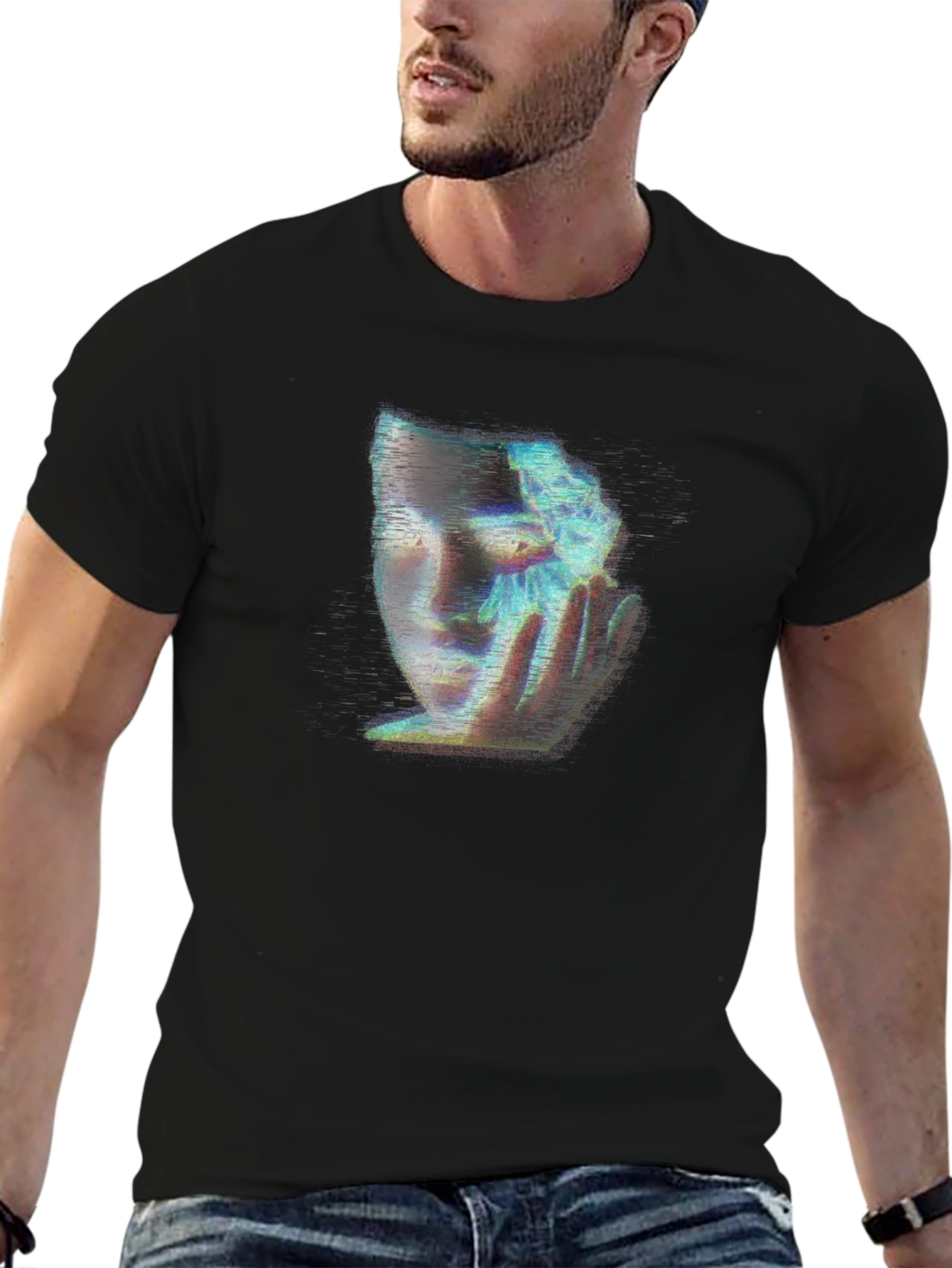 Camiseta Negra con Diseño Abstracto de Rostro Femenino