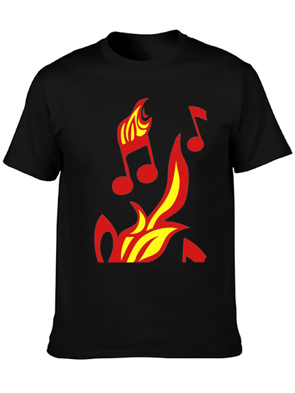 Camiseta Negra con Diseño de Fuego y Notas Musicales