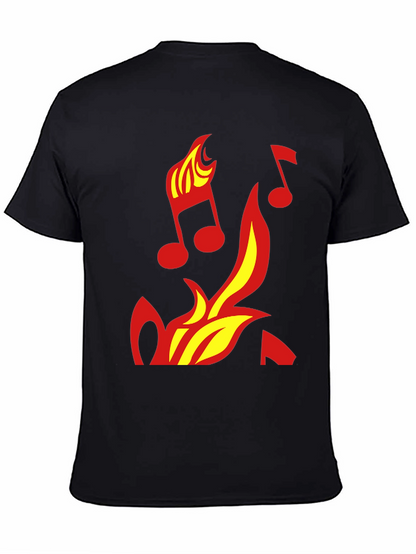 Camiseta Negra con Diseño de Fuego y Notas Musicales