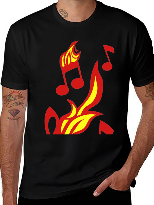 Camiseta Negra con Diseño de Fuego y Notas Musicales
