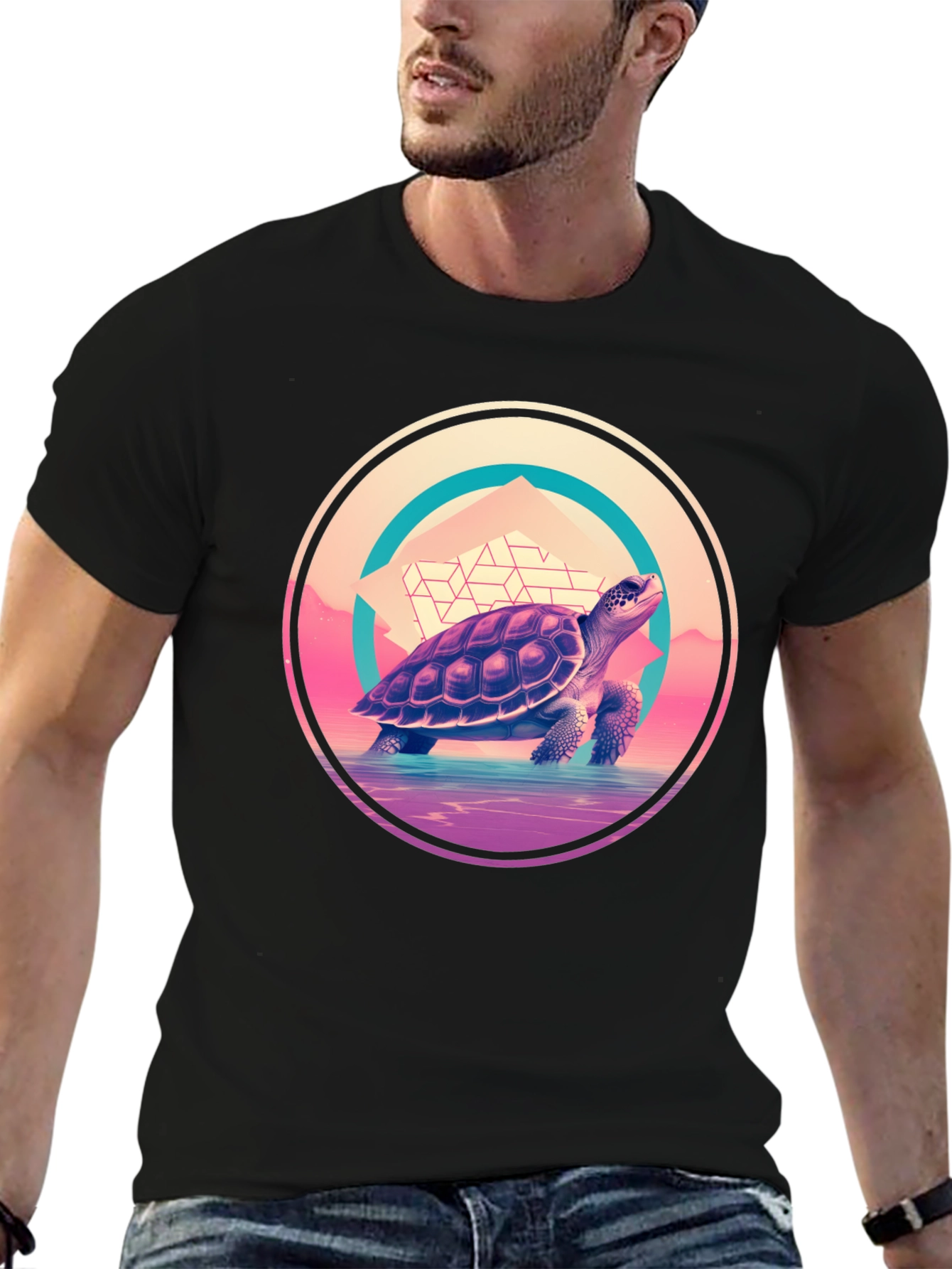 Camiseta Negra con Diseño de Tortuga Retro