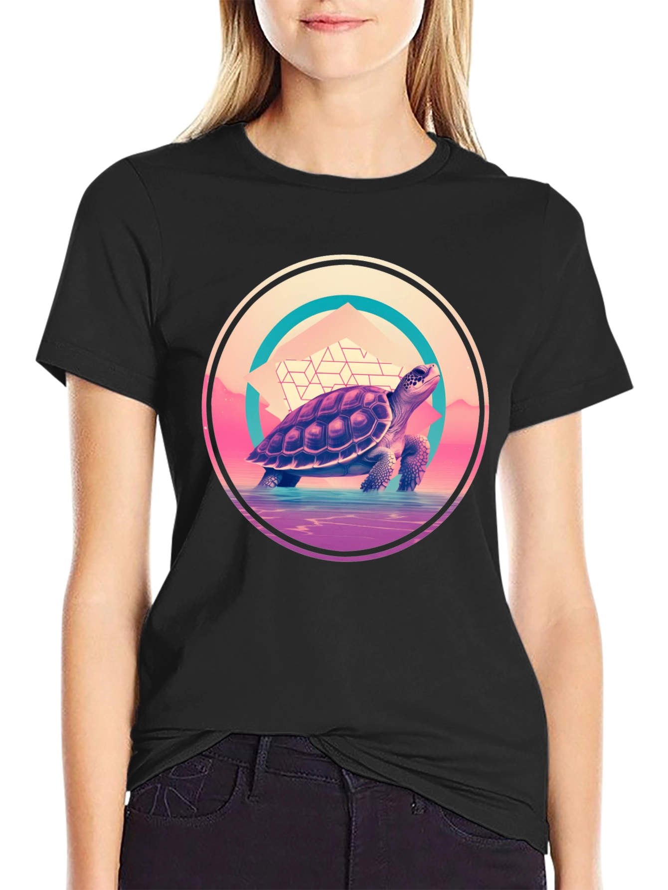Camiseta Negra con Diseño de Tortuga Retro