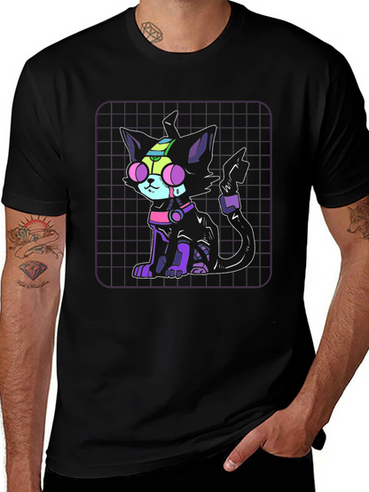 Camiseta Negra con Diseño de Gato Cibernético