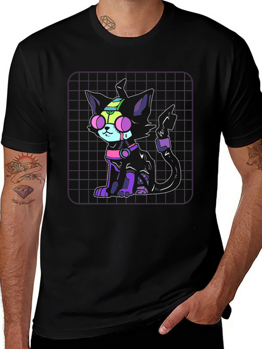 Camiseta Negra con Diseño de Gato Cibernético