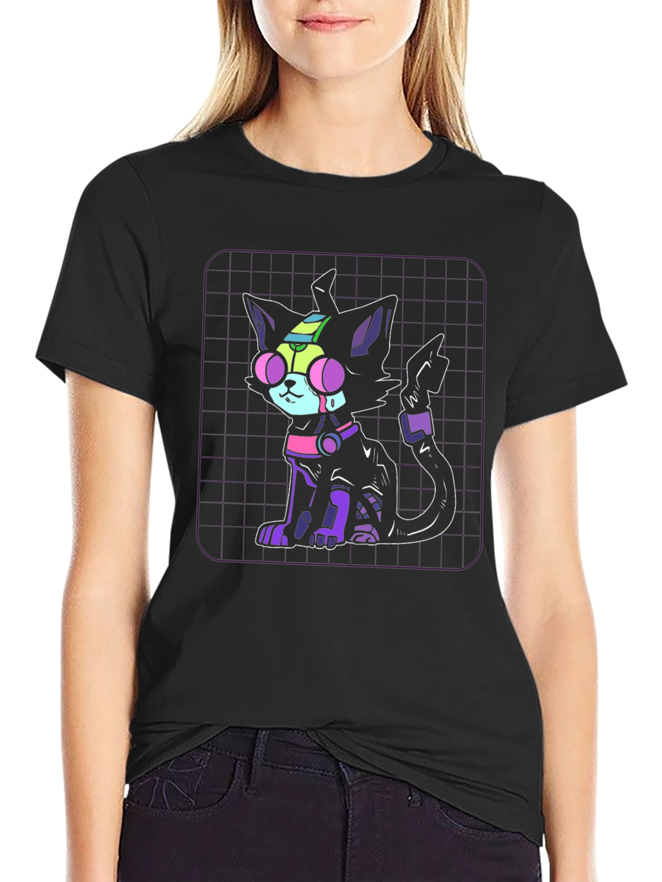 Camiseta Negra con Diseño de Gato Cibernético