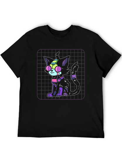 Camiseta Negra con Diseño de Gato Cibernético