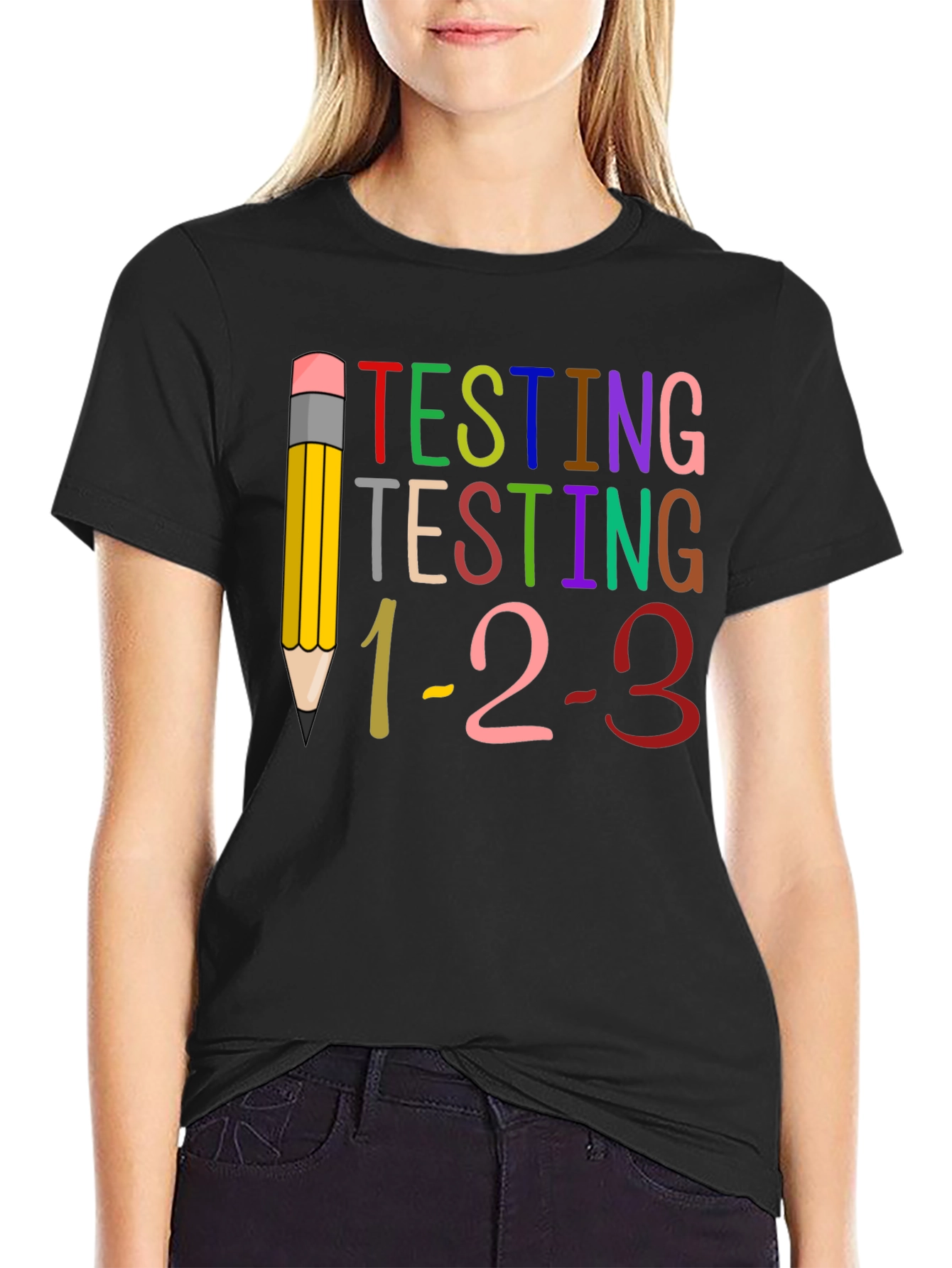 Camiseta Negra Testing 1-2-3 para Profesores