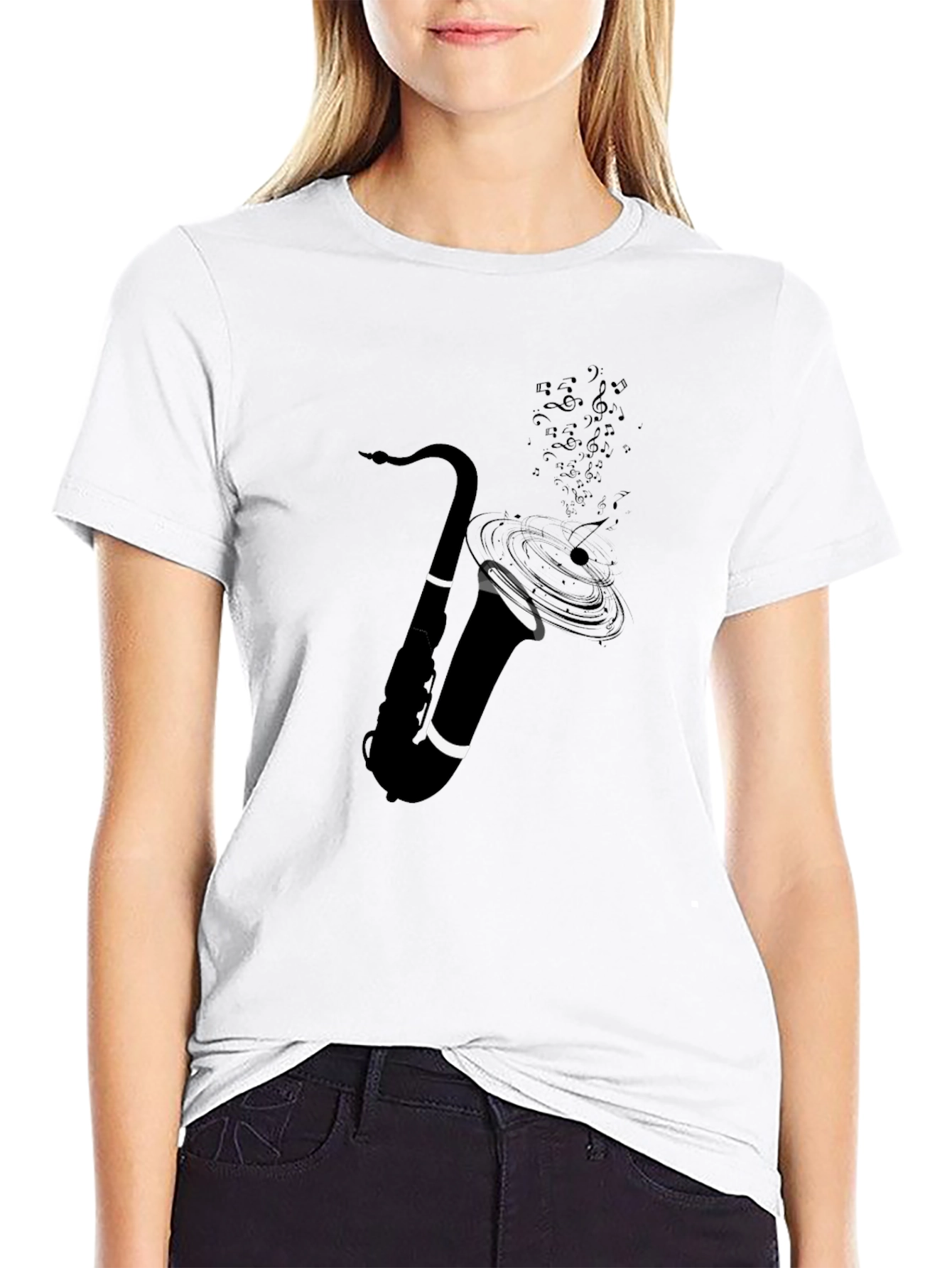Camiseta Negra con Diseño de Saxofón Musical