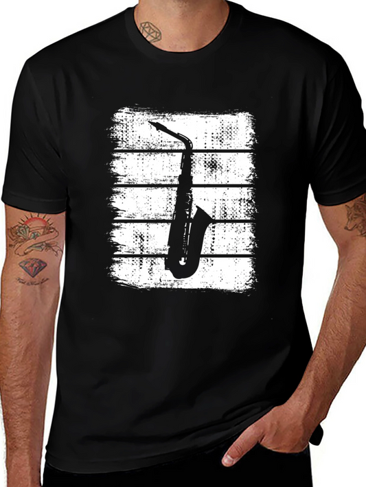 Camiseta Negra Saxofón Estilo Vintage para Hombre