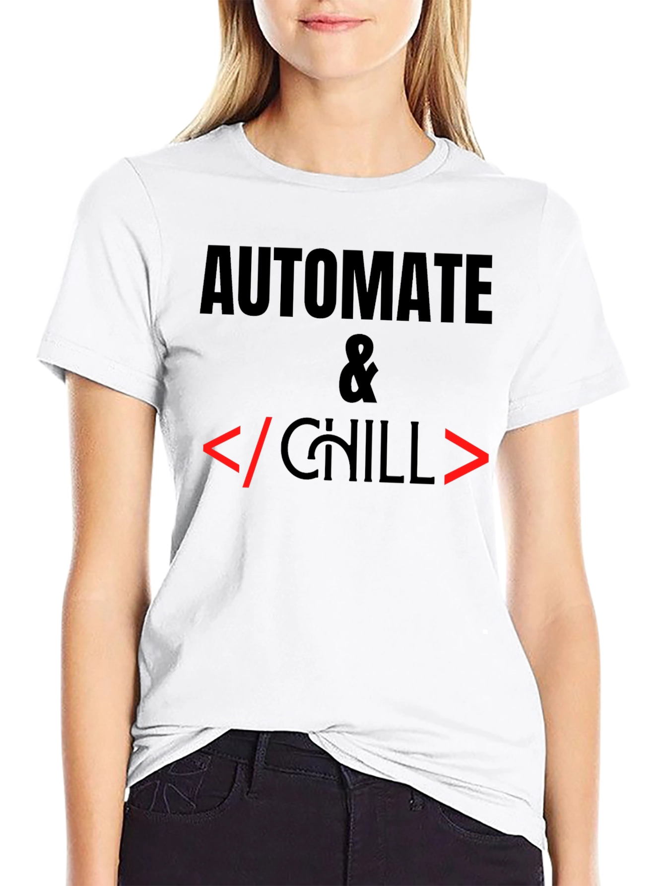 Camiseta Negra Automatiza & Chill para Programadores