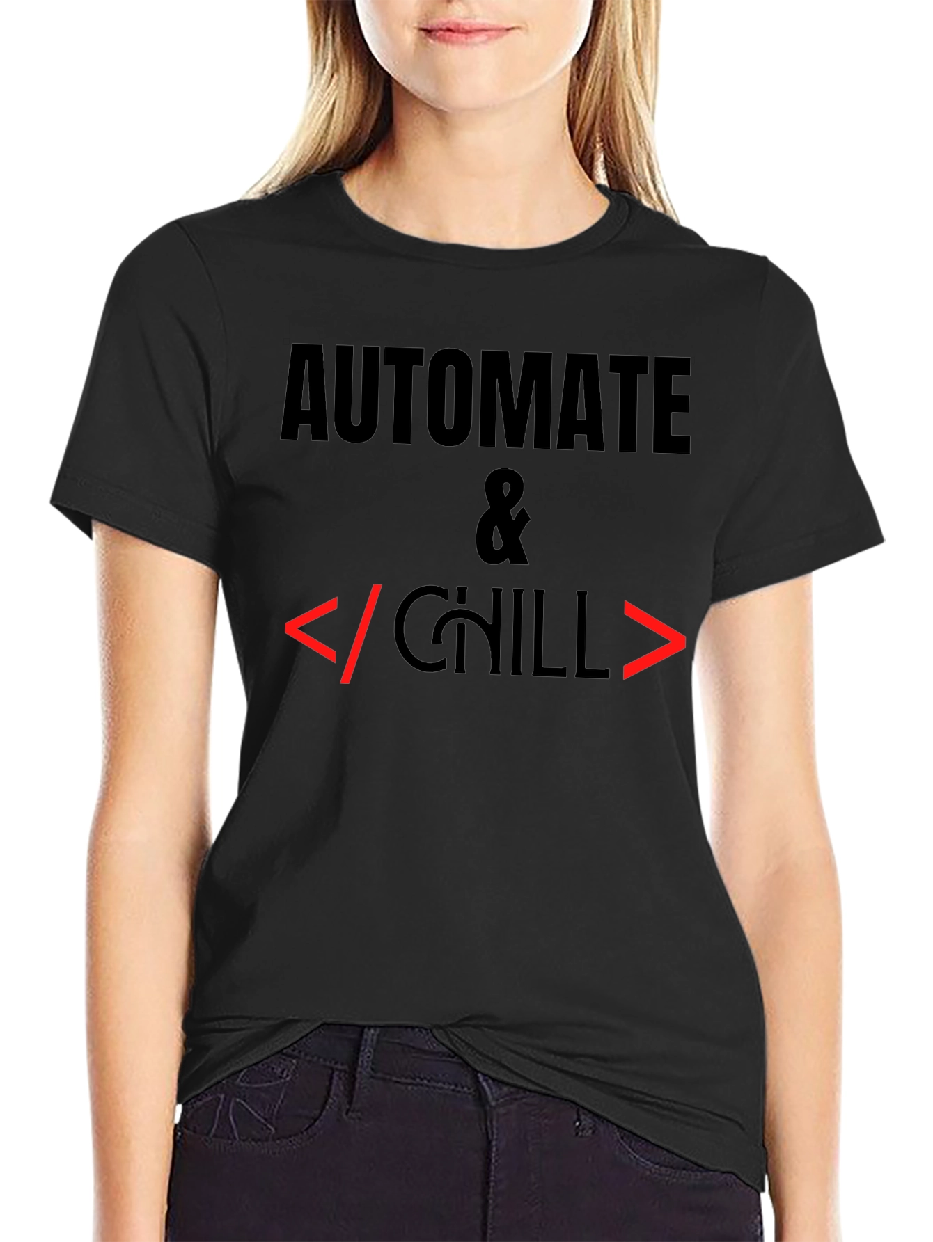 Camiseta Negra Automatiza & Chill para Programadores