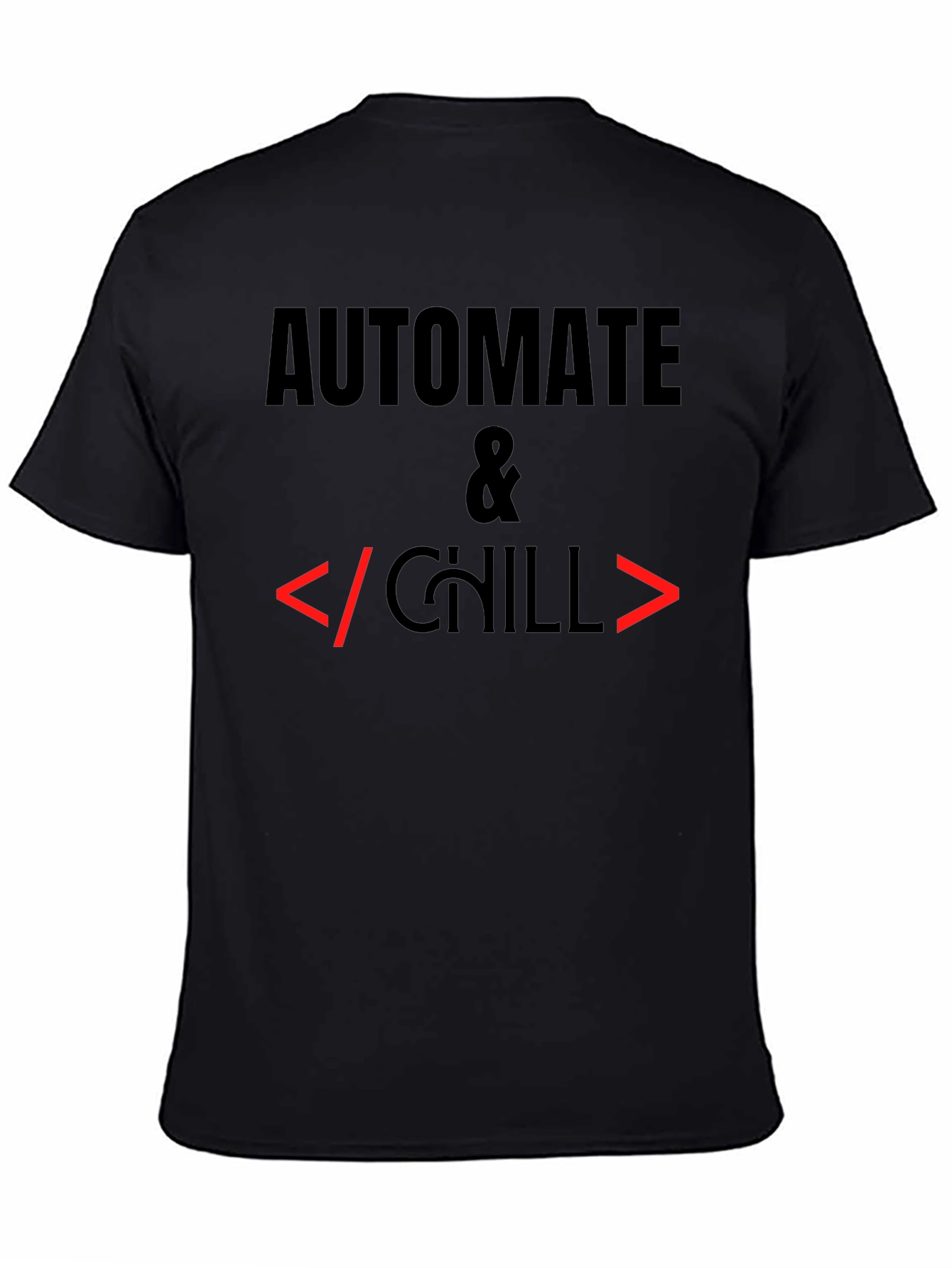 Camiseta Negra Automatiza & Chill para Programadores