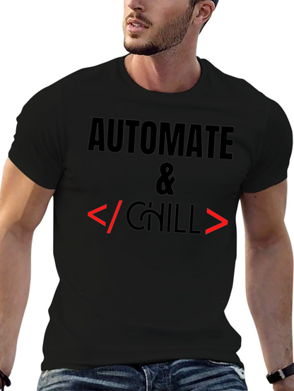 Camiseta Negra Automatiza & Chill para Programadores