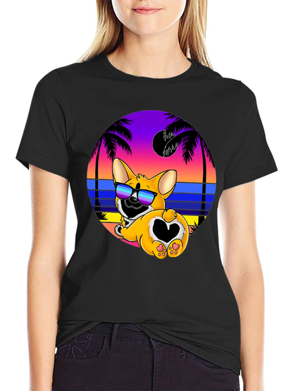 Camiseta Negra con Diseño Corgi Playa