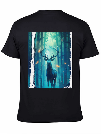 Camiseta Negra con Diseño de Ciervo en el Bosque
