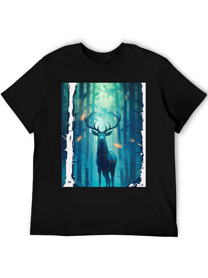 Camiseta Negra con Diseño de Ciervo en el Bosque