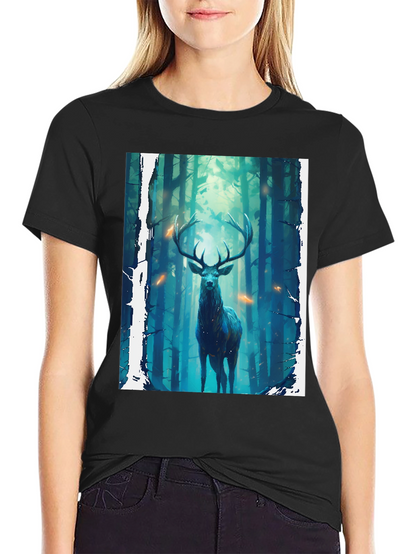 Camiseta Negra con Diseño de Ciervo en el Bosque