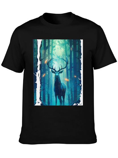 Camiseta Negra con Diseño de Ciervo en el Bosque