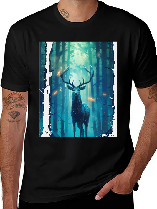 Camiseta Negra con Diseño de Ciervo en el Bosque